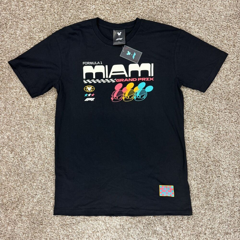 Disney x Formula 1 Miami Grand Prix 2026 T-Shirt Mens L Black Mickey Mouse NWT